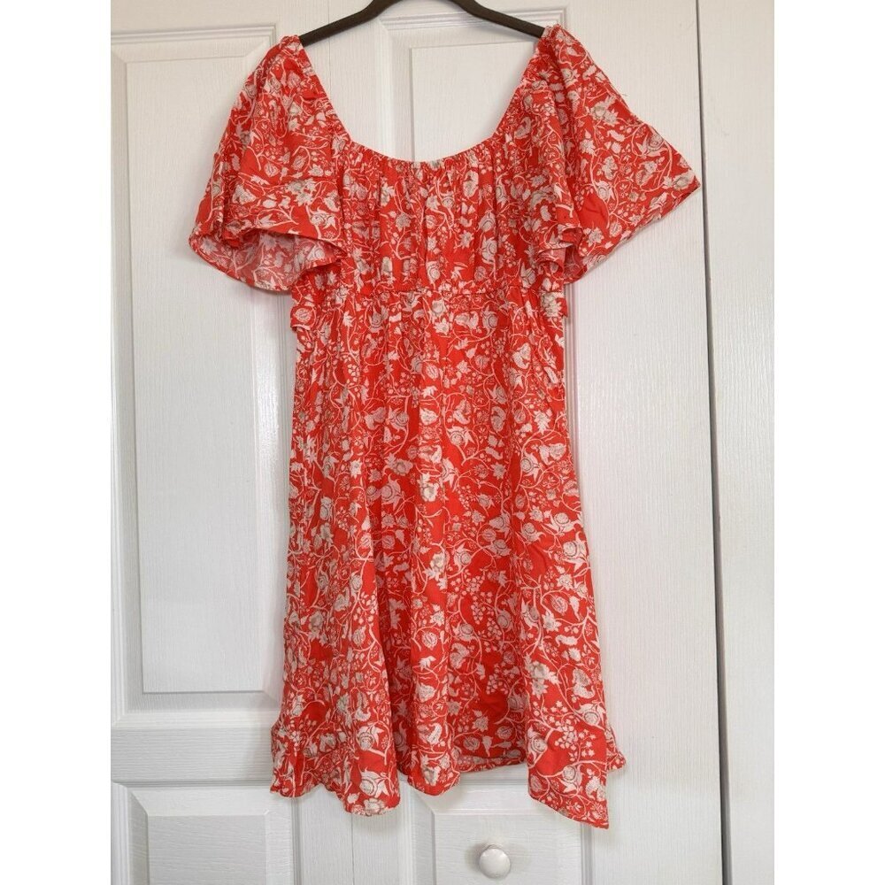Red Floral Mini Dress Women US 8 Puff Sleeve Square Neck Summer - Picture 9 of 9